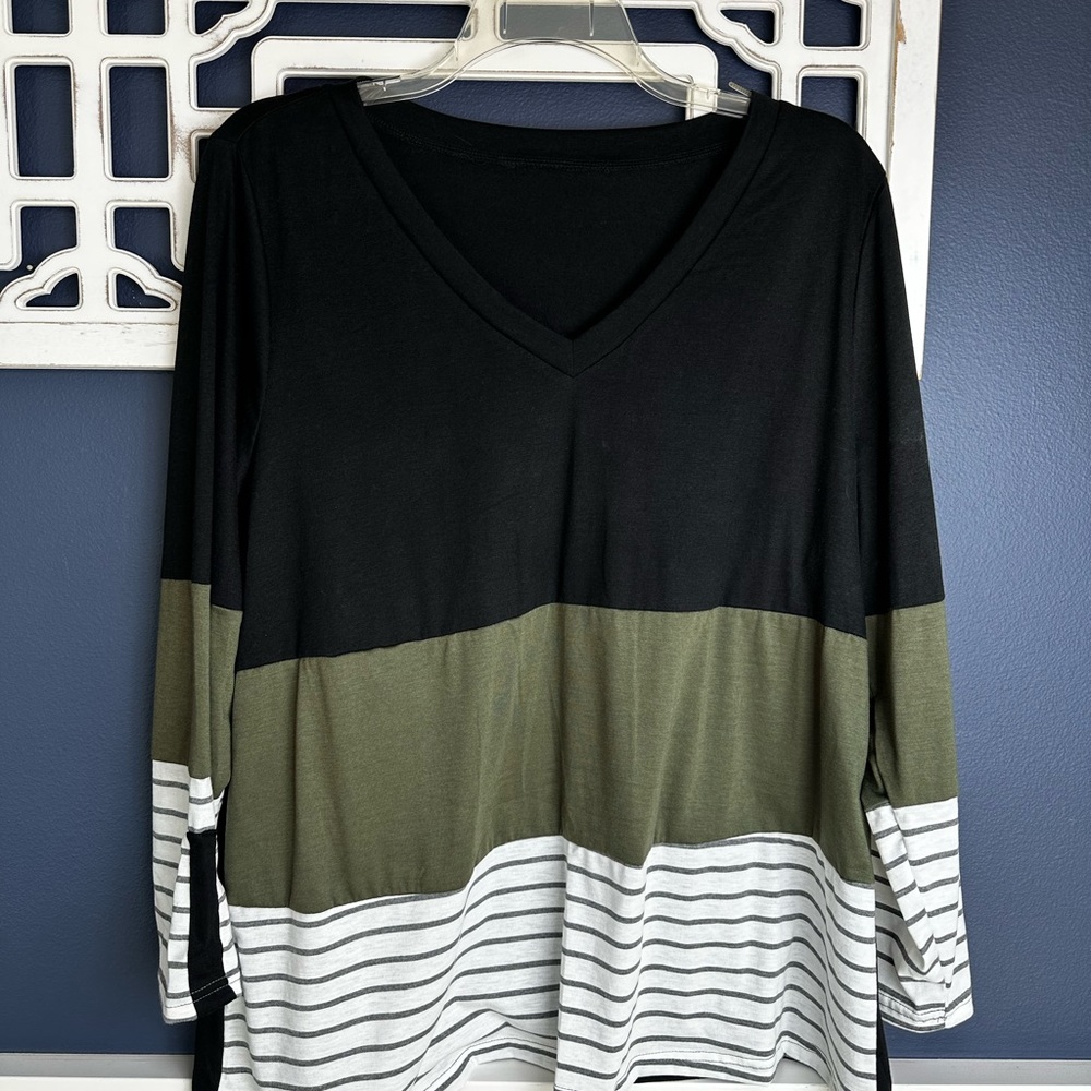 Black, Olive, White Striped Color Block Long Sleeve Top 18W